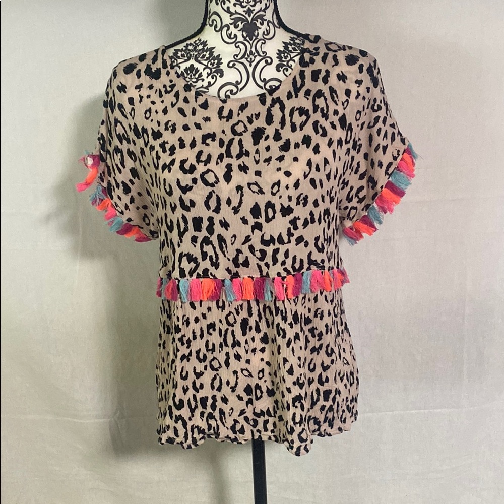 Andree by Unit Rayon Leopard print Multicolor Short Sleeve Blouse with Tassels